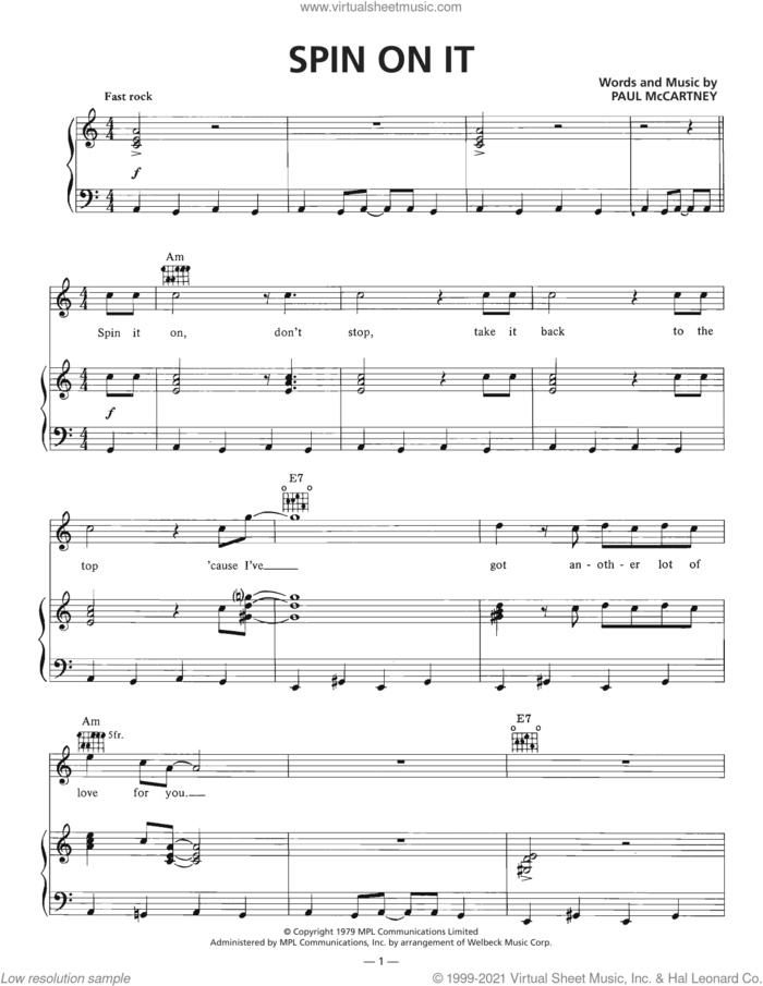 Spin It On sheet music for voice, piano or guitar by Wings and Paul McCartney, intermediate skill level
