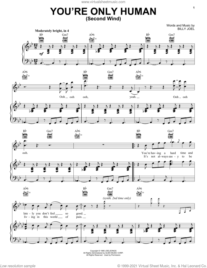You're Only Human (Second Wind) sheet music for voice, piano or guitar by Billy Joel and David Rosenthal, intermediate skill level
