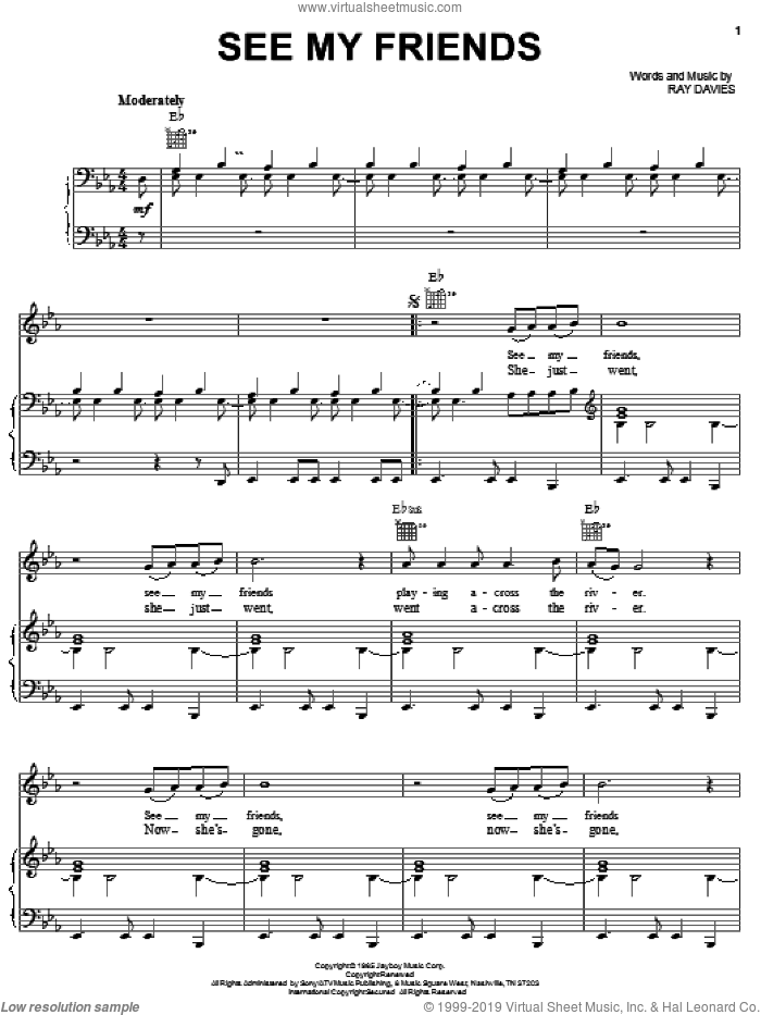 See My Friends sheet music for voice, piano or guitar by The Kinks and Ray Davies, intermediate skill level
