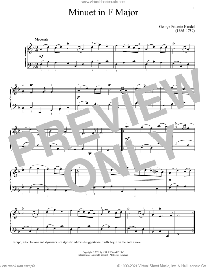 Minuet sheet music for piano solo by George Frideric Handel, classical score, intermediate skill level