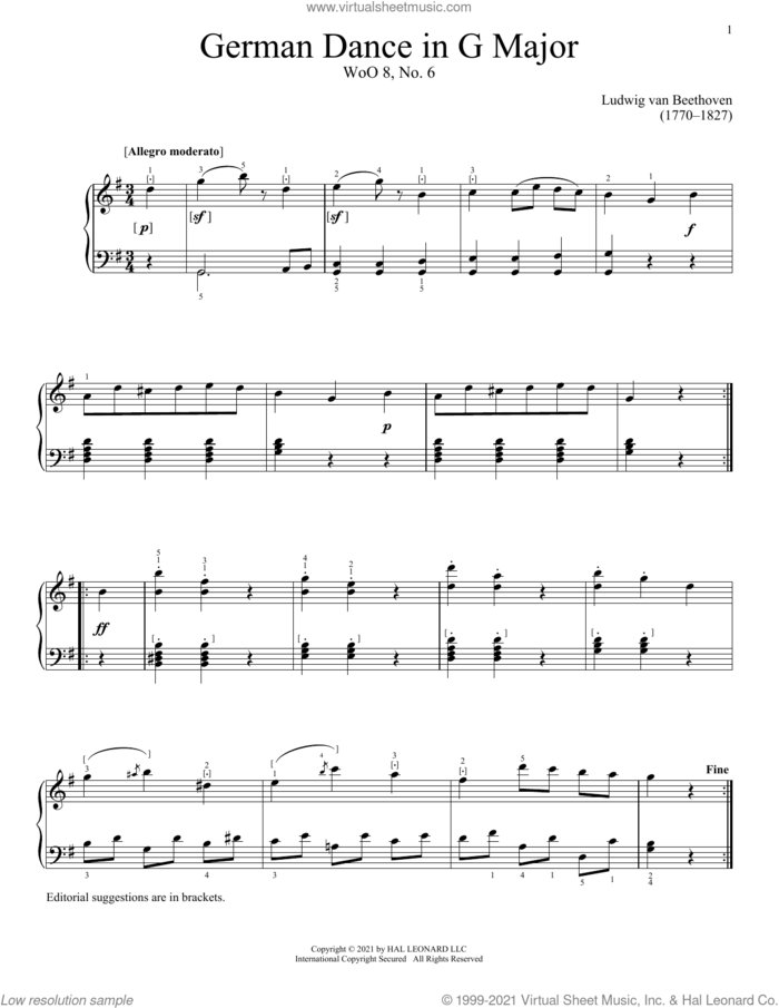 German Dance In G Major, WoO 8, No. 6 sheet music for piano solo by Ludwig van Beethoven, classical score, intermediate skill level