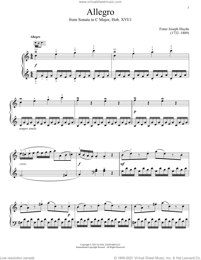 Sonata In C Major, Hob. XVI: 1 sheet music for piano solo by Franz Joseph Haydn, classical score, intermediate skill level