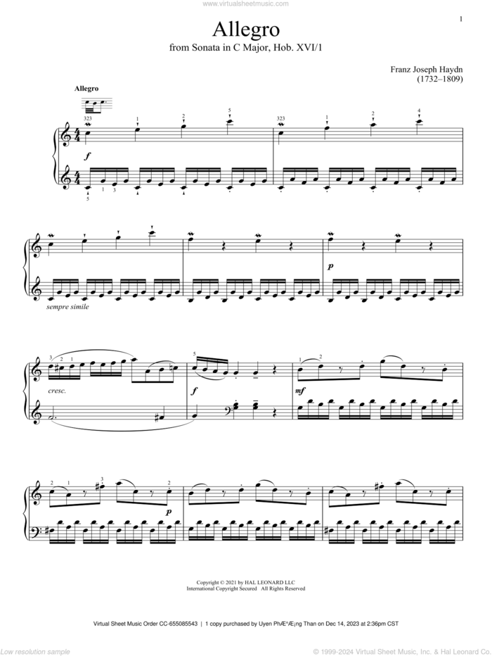 Sonata In C Major, Hob. XVI: 1 sheet music for piano solo by Franz Joseph Haydn, classical score, intermediate skill level