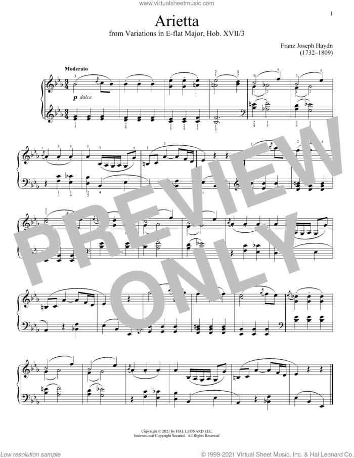 Arietta sheet music for piano solo by Franz Joseph Haydn, classical score, intermediate skill level