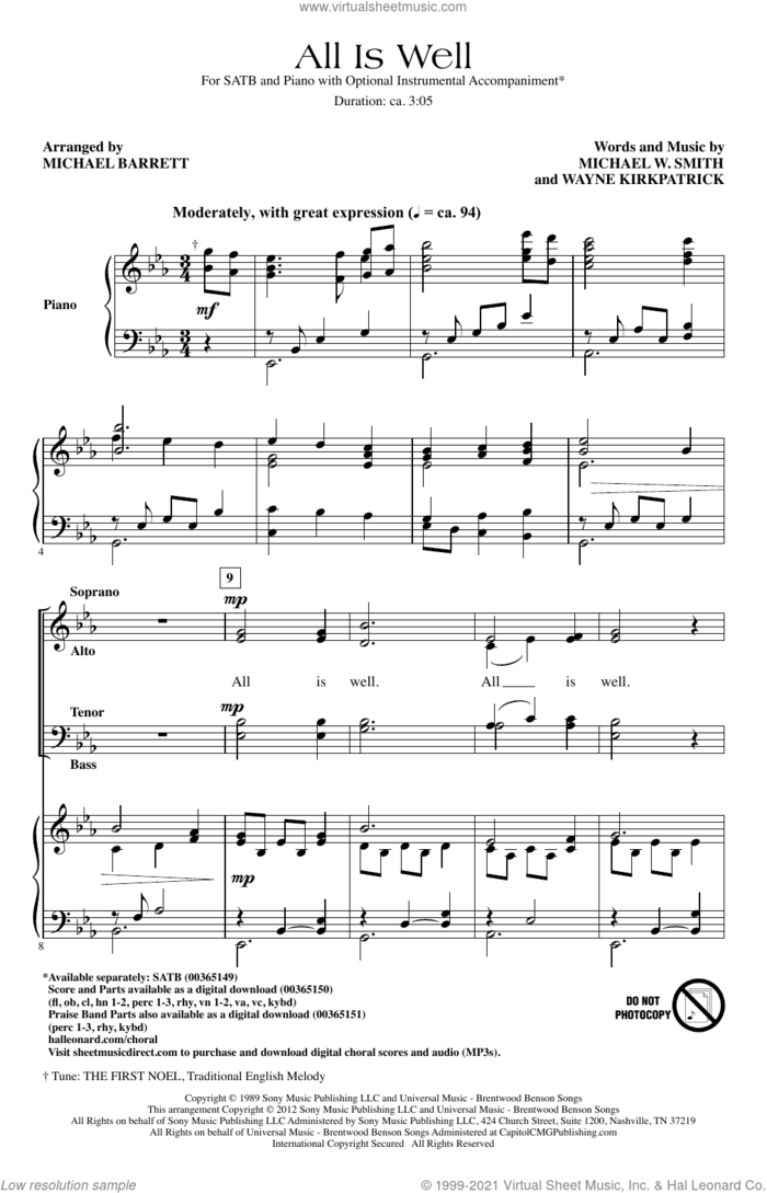 All Is Well (arr. Michael Barrett) sheet music for choir (SATB: soprano, alto, tenor, bass) by Michael W. Smith, Michael Barrett and Wayne Kirkpatrick, intermediate skill level