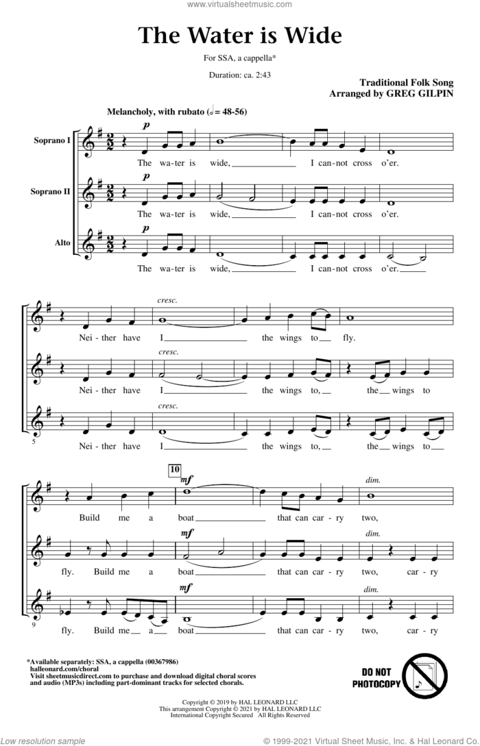The Water Is Wide (arr. Greg Gilpin) sheet music for choir (SSA: soprano, alto) by Traditional Folk Song and Greg Gilpin, intermediate skill level