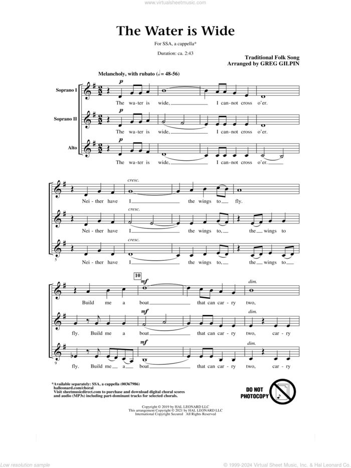 The Water Is Wide (arr. Greg Gilpin) sheet music for choir (SSA: soprano, alto) by Traditional Folk Song and Greg Gilpin, intermediate skill level