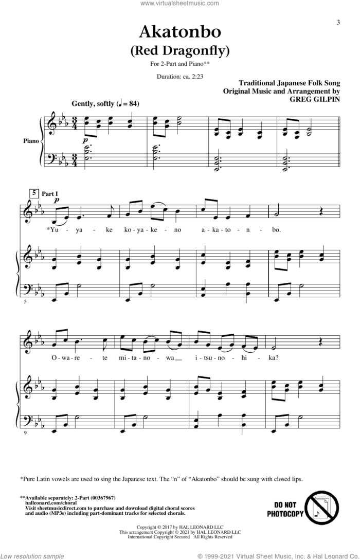 Akatonbo (Red Dragonfly) (arr. Greg Gilpin) sheet music for choir (2-Part) by Traditional Japanese Folk Song and Greg Gilpin, intermediate duet