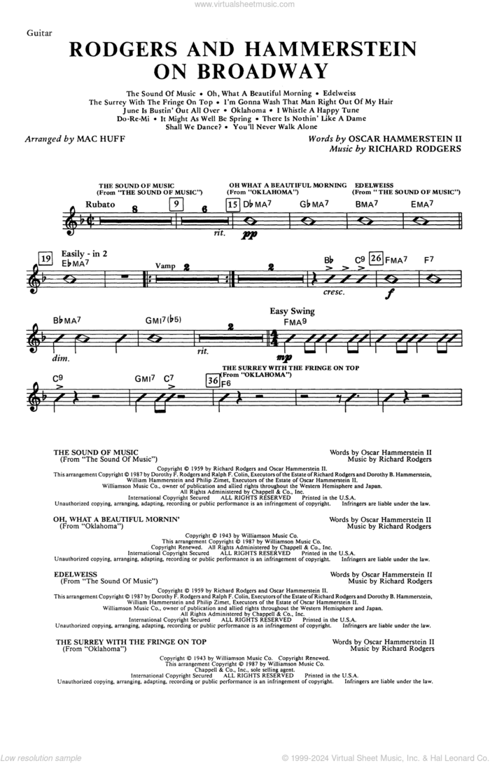 Rodgers and Hammerstein on Broadway (Medley) (arr. Mac Huff) sheet music for orchestra/band (guitar) by Richard Rodgers, Mac Huff, Oscar II Hammerstein and Rodgers & Hammerstein, intermediate skill level