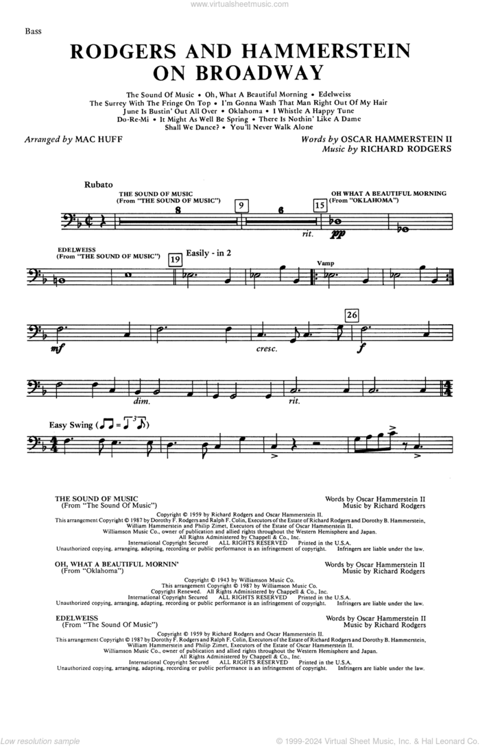 Rodgers and Hammerstein on Broadway (Medley) (arr. Mac Huff) sheet music for orchestra/band (bass) by Richard Rodgers, Mac Huff, Oscar II Hammerstein and Rodgers & Hammerstein, intermediate skill level