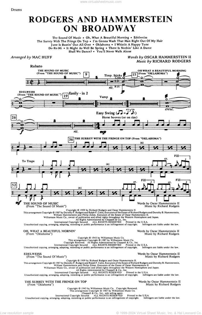 Rodgers and Hammerstein on Broadway (Medley) (arr. Mac Huff) sheet music for orchestra/band (drums) by Richard Rodgers, Mac Huff, Oscar II Hammerstein and Rodgers & Hammerstein, intermediate skill level