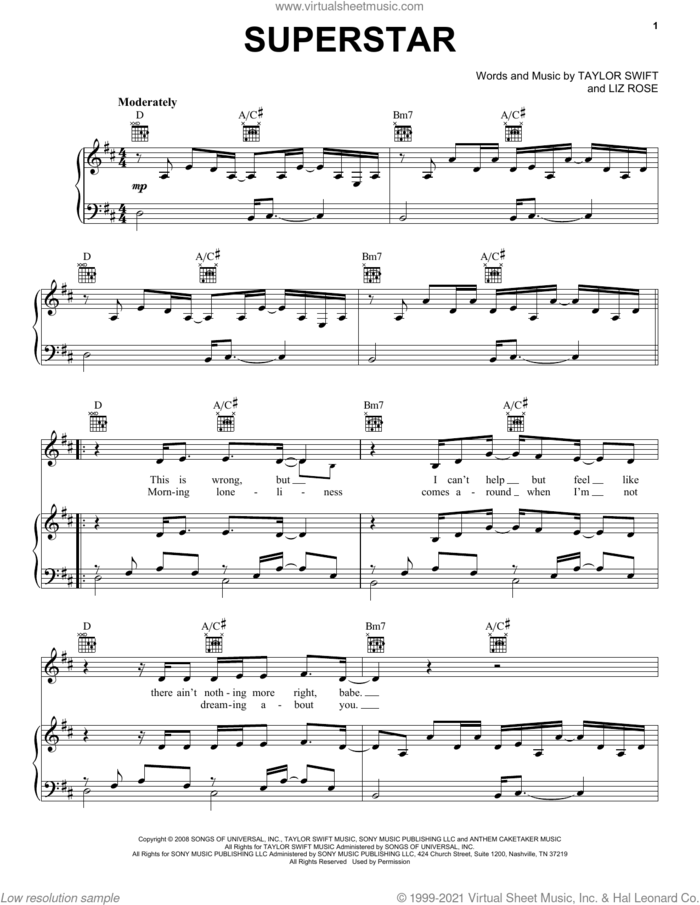 Superstar (Taylor's Version) sheet music for voice, piano or guitar by Taylor Swift and Liz Rose, intermediate skill level