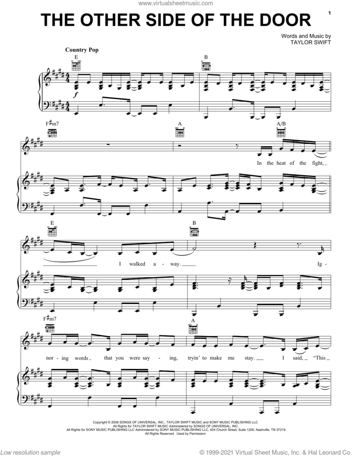 The Other Side Of The Door (Taylor's Version) sheet music for voice, piano or guitar by Taylor Swift, intermediate skill level
