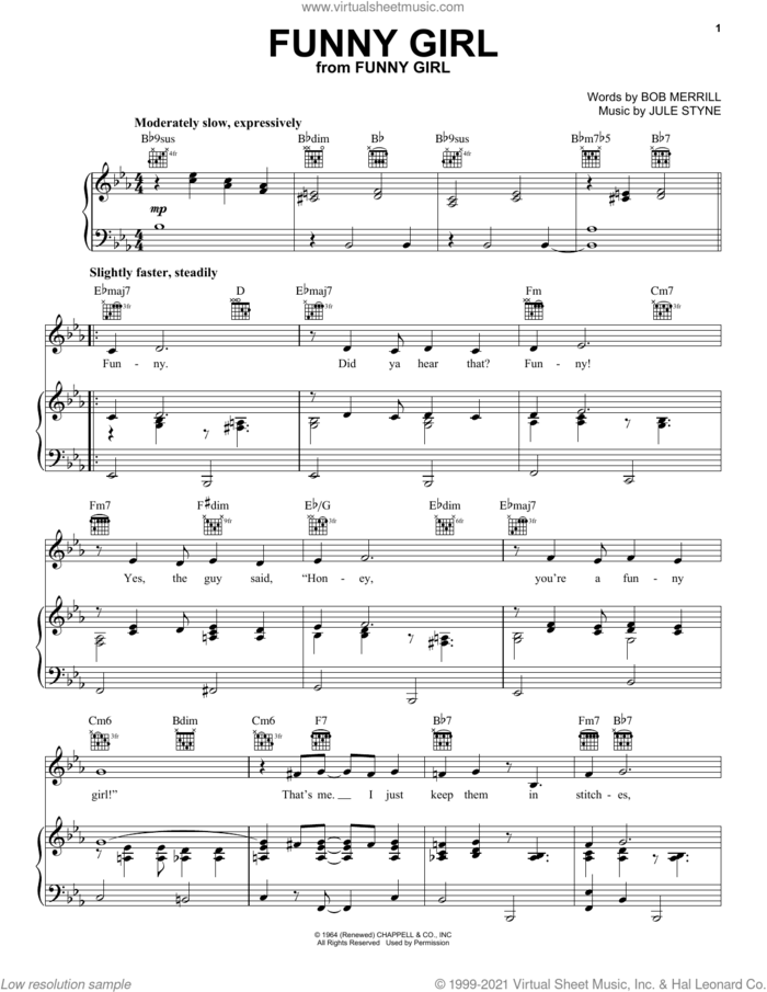 Funny Girl sheet music for voice, piano or guitar by Bob Merrill & Jule Styne, Bob Merrill and Jule Styne, intermediate skill level