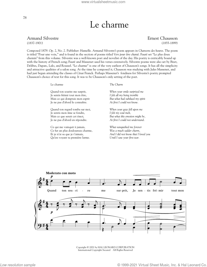 Le Charme (High Voice) sheet music for voice and piano by Ernest Chausson, Carol Kimball and Richard Walters, classical score, intermediate skill level