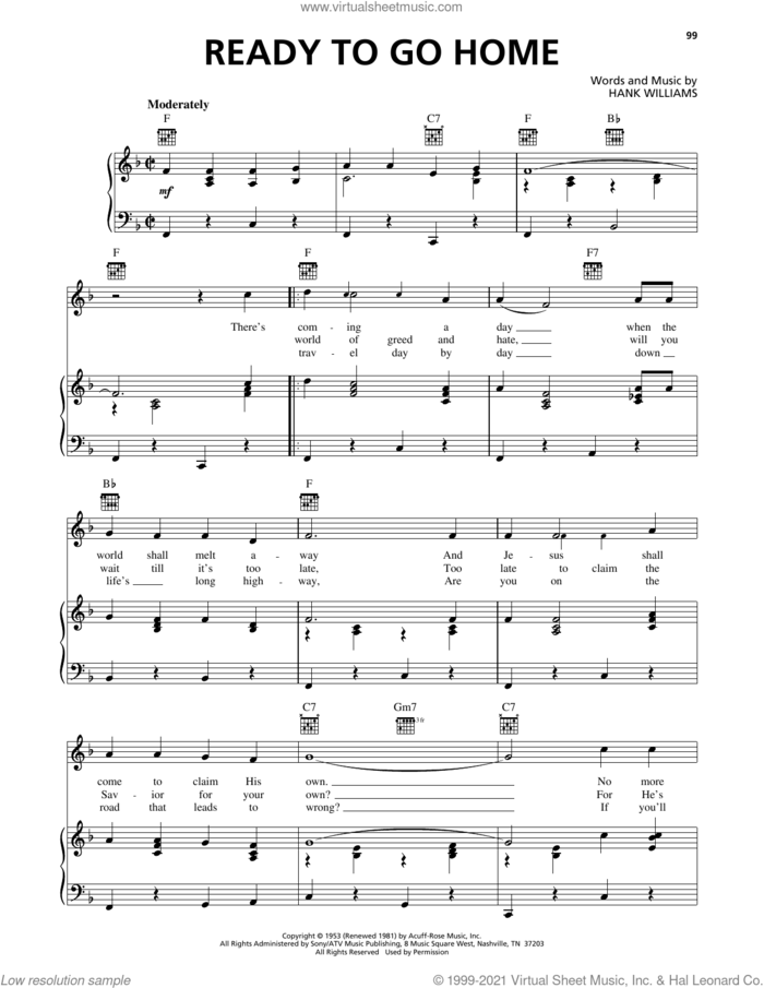 Ready To Go Home sheet music for voice, piano or guitar by Hank Williams, intermediate skill level