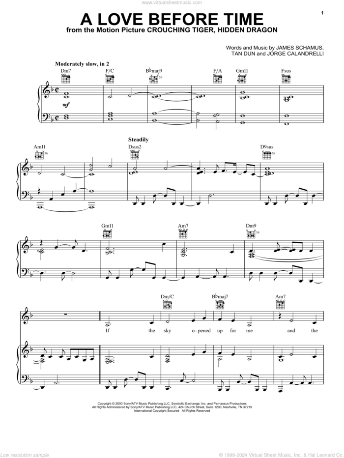 A Love Before Time (from Crouching Tiger, Hidden Dragon) sheet music for voice, piano or guitar by Tan Dun, Yo-Yo Ma, James Schamus and Jorge Calandrelli, intermediate skill level