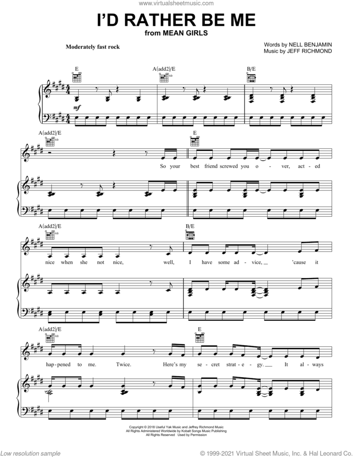 I'd Rather Be Me (from Mean Girls: The Broadway Musical) sheet music for voice, piano or guitar by Nell Benjamin, Adam Perlmutter, J. Mark Baker, Jeff Richmond and Jeff Richmond & Nell Benjamin, intermediate skill level