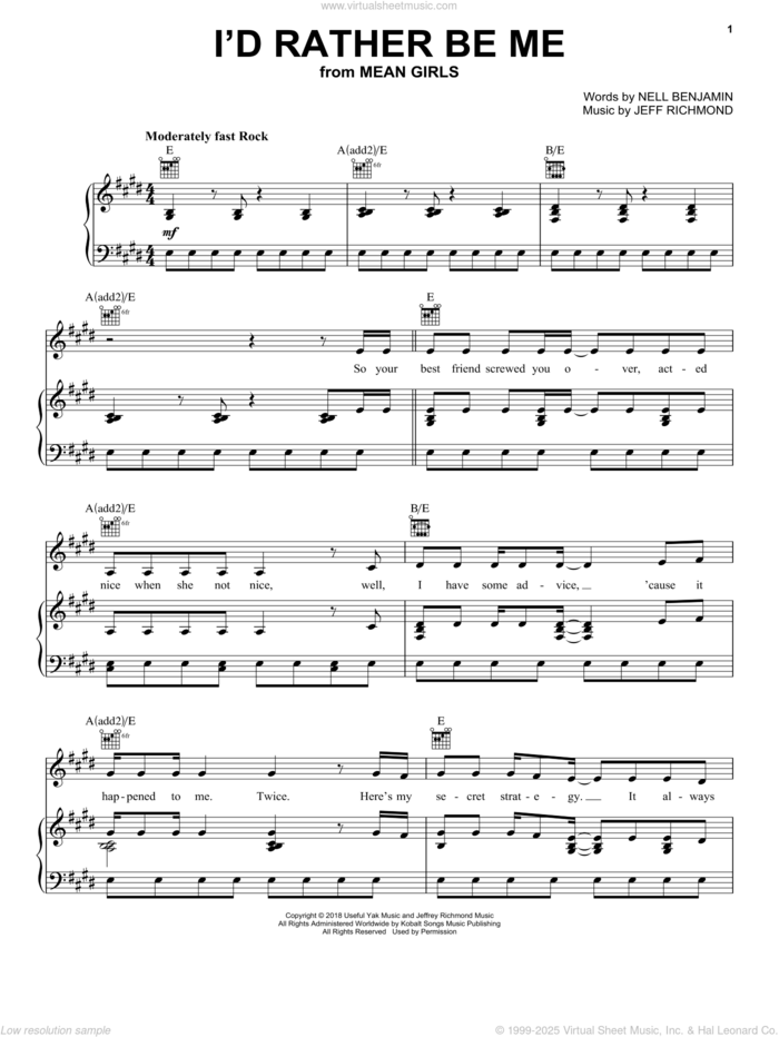 I'd Rather Be Me (from Mean Girls: The Broadway Musical) sheet music for voice, piano or guitar by Nell Benjamin, Adam Perlmutter, J. Mark Baker, Jeff Richmond and Jeff Richmond & Nell Benjamin, intermediate skill level
