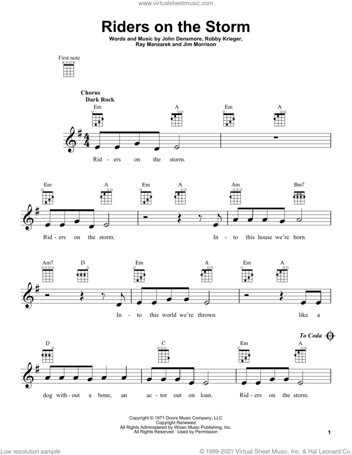 Riders On The Storm sheet music for ukulele by The Doors, Jim Morrison, John Densmore, Ray Manzarek and Robby Krieger, intermediate skill level