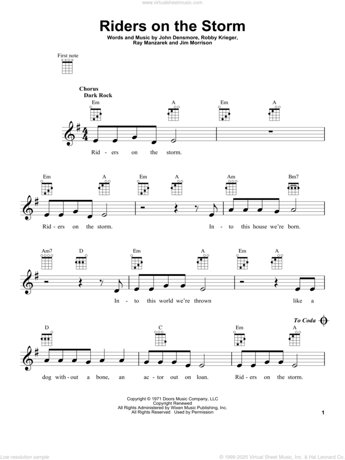 Riders On The Storm sheet music for ukulele by The Doors, Jim Morrison, John Densmore, Ray Manzarek and Robby Krieger, intermediate skill level