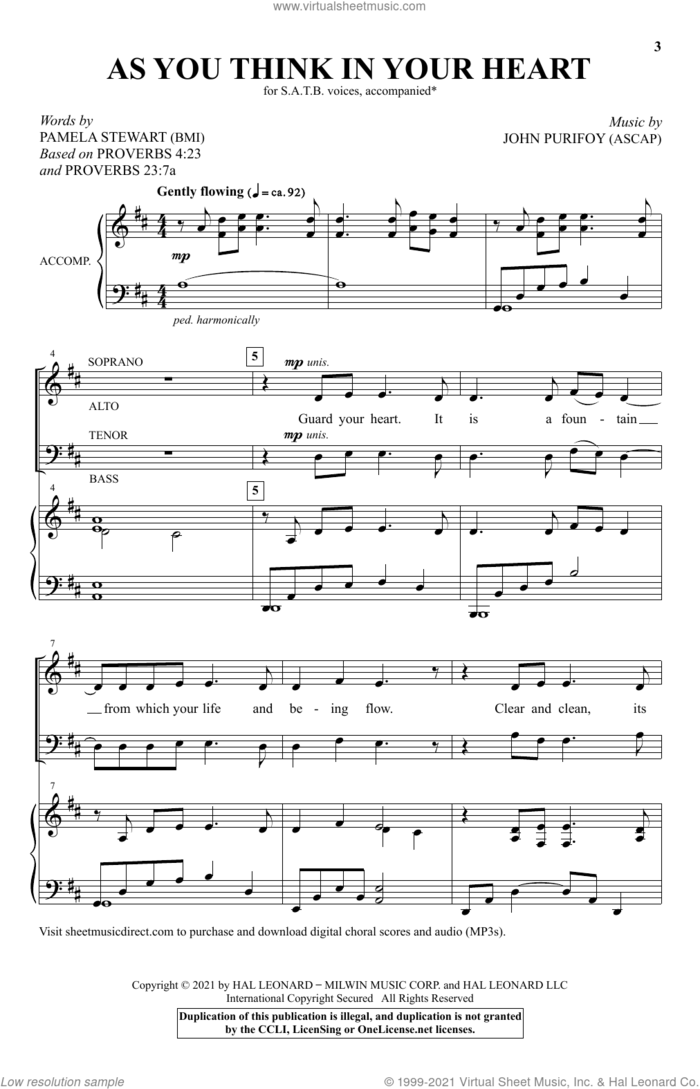 As You Think In Your Heart sheet music for choir (SATB: soprano, alto, tenor, bass) by John Purifoy, Pamela Stewart and Proverbs 4:23; 23:7, intermediate skill level