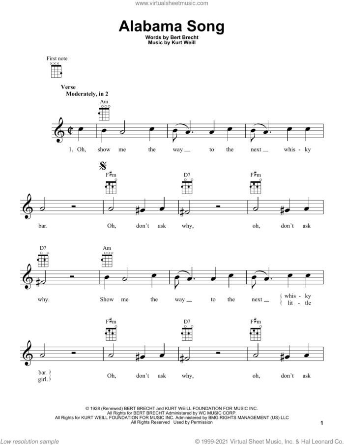 Alabama Song sheet music for ukulele by The Doors, Bertolt Brecht and Kurt Weill, intermediate skill level