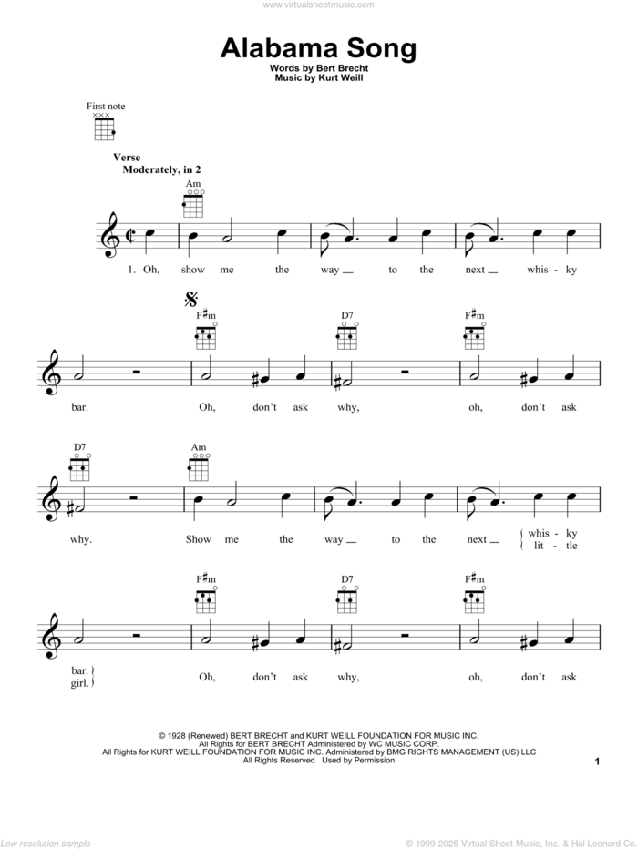 Alabama Song sheet music for ukulele by The Doors, Bertolt Brecht and Kurt Weill, intermediate skill level