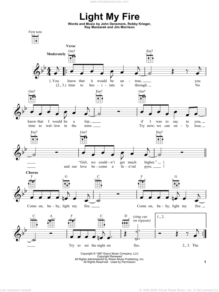 Light My Fire sheet music for ukulele by The Doors, Jim Morrison, John Densmore, Ray Manzarek and Robby Krieger, intermediate skill level