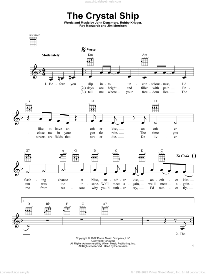 The Crystal Ship sheet music for ukulele by The Doors, Jim Morrison, John Densmore, Ray Manzarek and Robby Krieger, intermediate skill level