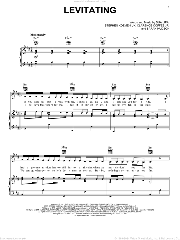 Levitating sheet music for voice, piano or guitar by Dua Lipa, Clarence Coffee Jr., Sarah Hudson and Stephen Kozmeniuk, intermediate skill level