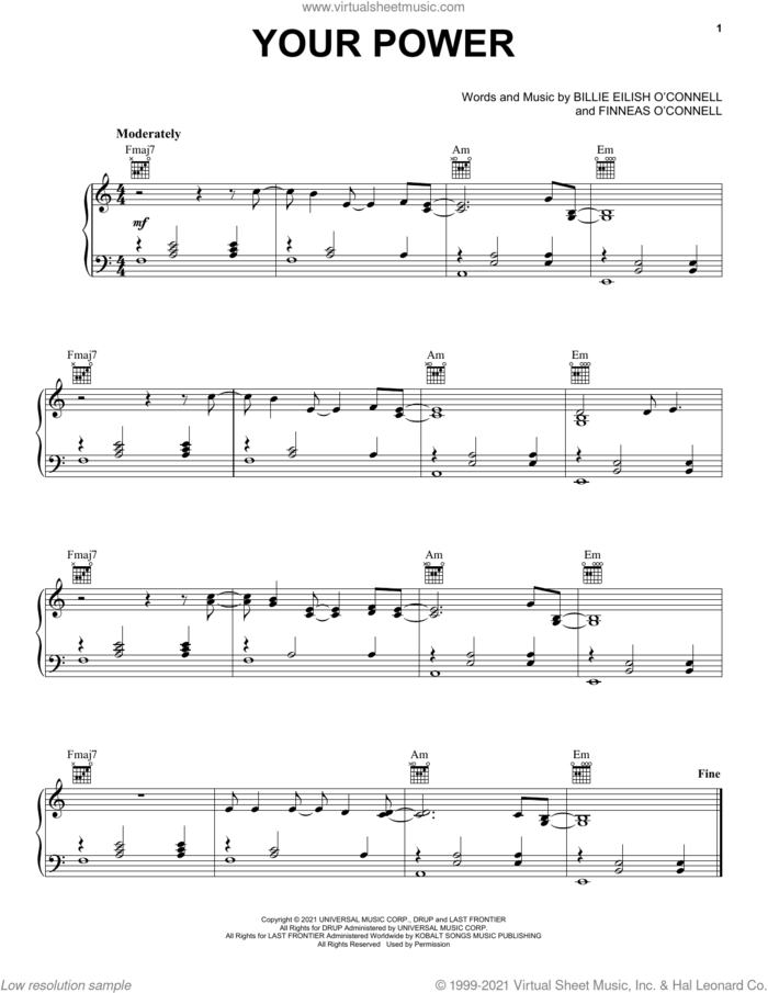 Your Power sheet music for voice, piano or guitar by Billie Eilish, intermediate skill level