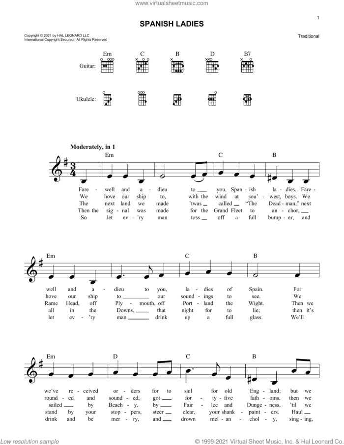 Spanish Ladies sheet music for voice and other instruments (fake book), intermediate skill level