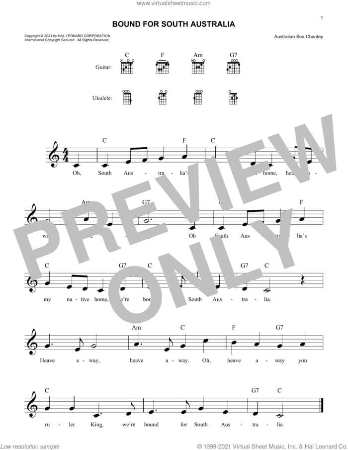 Bound For South Australia sheet music for voice and other instruments (fake book) by Australian Sea Chanty, intermediate skill level