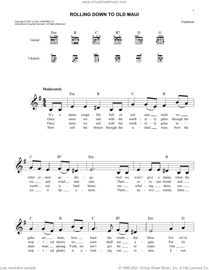 Rolling Down To Old Maui sheet music for voice and other instruments (fake book), intermediate skill level