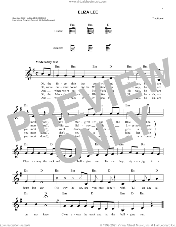 Eliza Lee sheet music for voice and other instruments (fake book), intermediate skill level