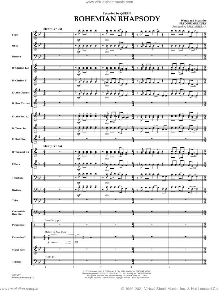 Bohemian Rhapsody (arr. Paul Murtha) (COMPLETE) sheet music for concert band by Queen, Freddie Mercury and Paul Murtha, intermediate skill level