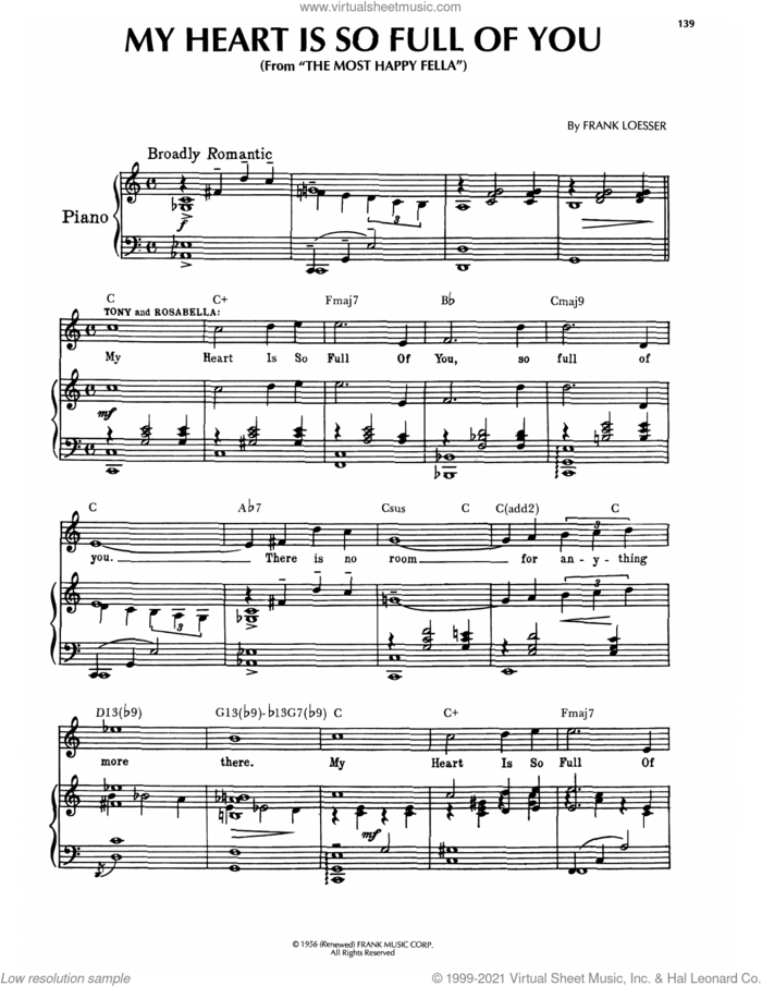 My Heart Is So Full Of You (from The Most Happy Fella) sheet music for voice, piano or guitar by Frank Loesser, intermediate skill level