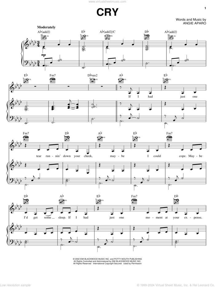 Cry sheet music for voice, piano or guitar by Faith Hill and Angie Aparo, intermediate skill level