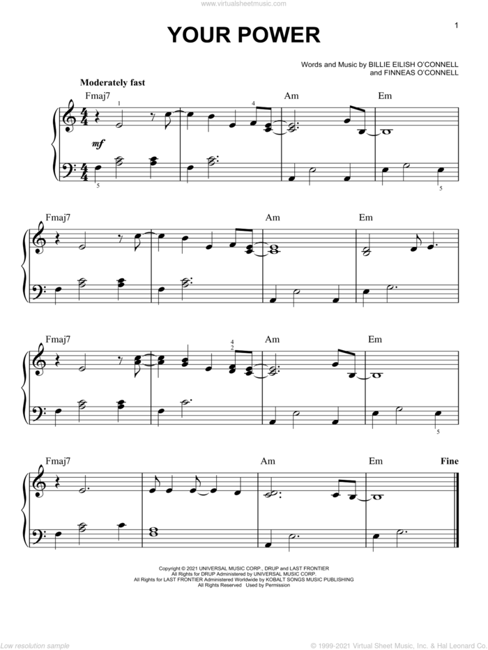 Your Power sheet music for piano solo by Billie Eilish, easy skill level