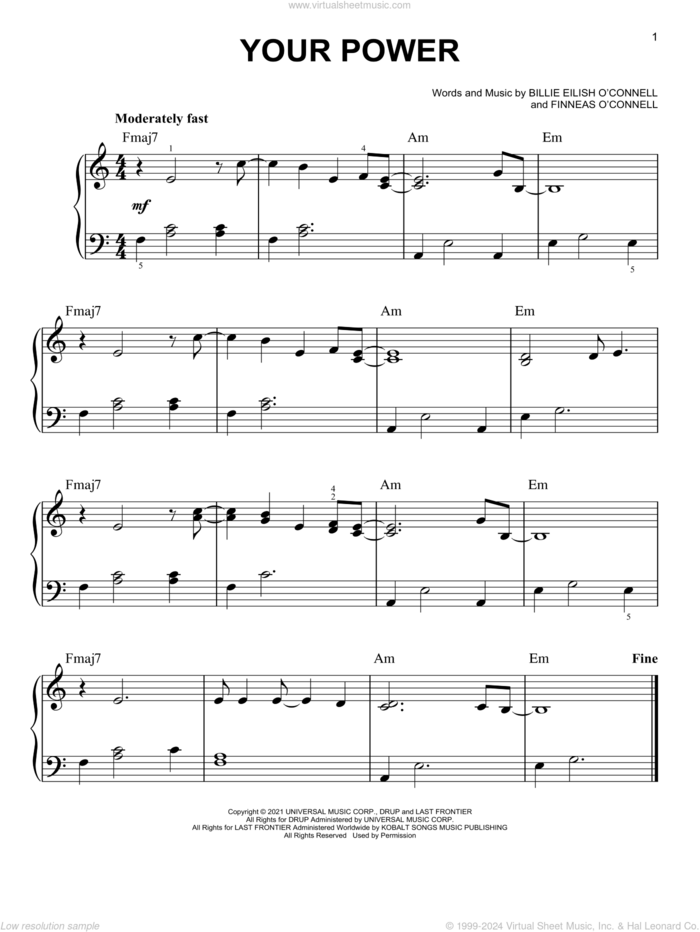 Your Power sheet music for piano solo by Billie Eilish, easy skill level