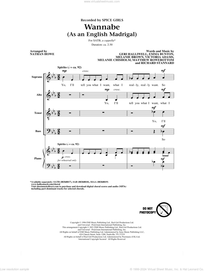 Wannabe (As an English Madrigal) (arr. Nathan Howe) sheet music for choir (SATB: soprano, alto, tenor, bass) by Spice Girls, Nathan Howe, Emma Bunton, Geri Halliwell, Matthew Rowebottom, Melanie Brown, Melanie Chisholm, Richard Stannard and Victoria Adams, intermediate skill level