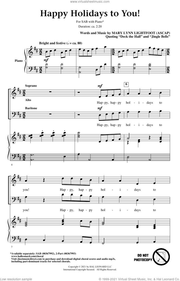 Happy Holidays To You! sheet music for choir (SAB: soprano, alto, bass) by Mary Lynn Lightfoot, intermediate skill level