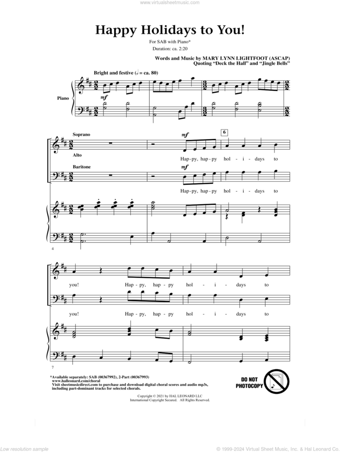 Happy Holidays To You! sheet music for choir (SAB: soprano, alto, bass) by Mary Lynn Lightfoot, intermediate skill level