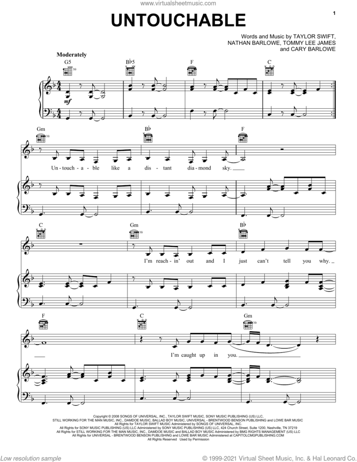 Untouchable (Taylor's Version) sheet music for voice, piano or guitar by Taylor Swift, Cary Barlowe, Nathan Barlowe and Tommy Lee James, intermediate skill level