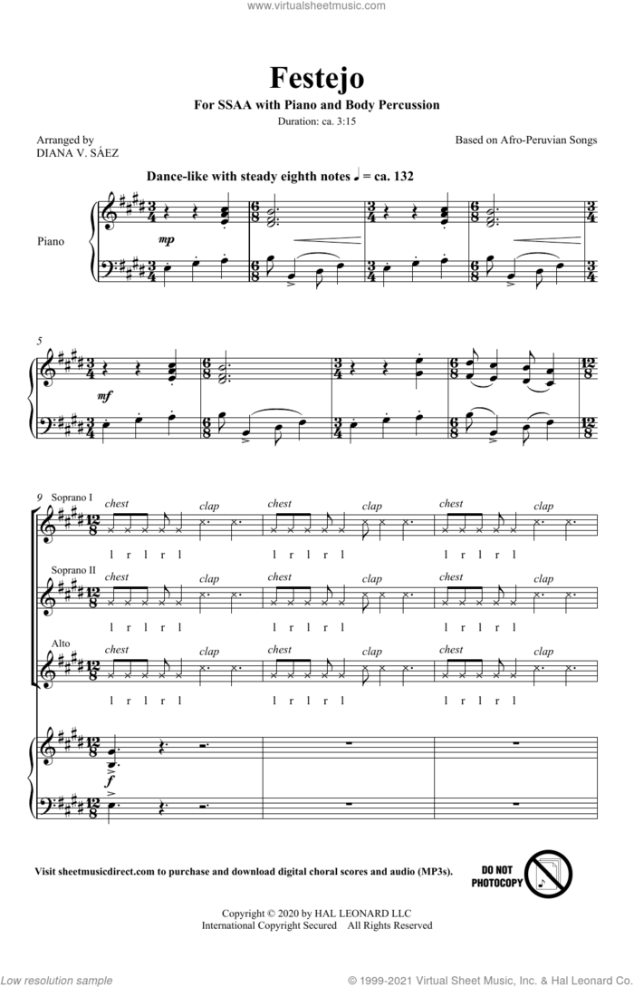 Festejo sheet music for choir (SSA: soprano, alto) by Diana Saez and Afro-Peruvian Folk Songs, intermediate skill level
