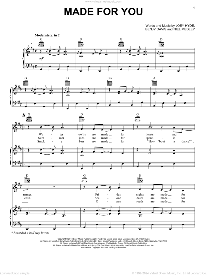Made For You sheet music for voice, piano or guitar by Jake Owen, Benjy Davis, Joey Hyde and Neil Medley, intermediate skill level