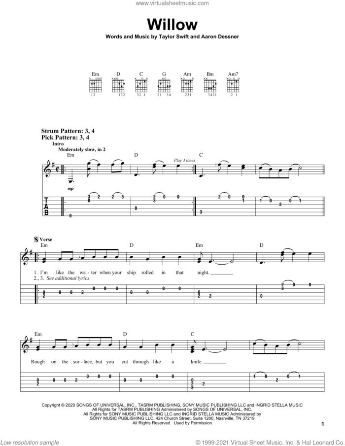 willow sheet music for guitar solo (easy tablature) by Taylor Swift and Aaron Dessner, easy guitar (easy tablature)