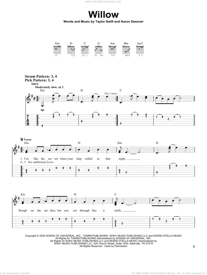 willow sheet music for guitar solo (easy tablature) by Taylor Swift and Aaron Dessner, easy guitar (easy tablature)