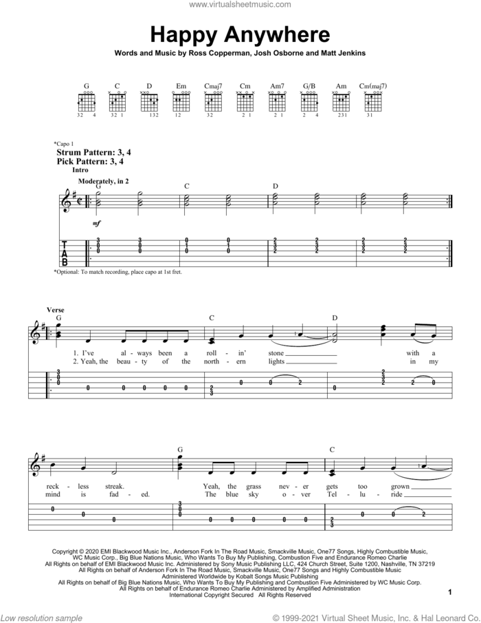 Happy Anywhere (feat. Gwen Stefani) sheet music for guitar solo (easy tablature) by Blake Shelton, Josh Osborne, Matt Jenkins and Ross Copperman, easy guitar (easy tablature)